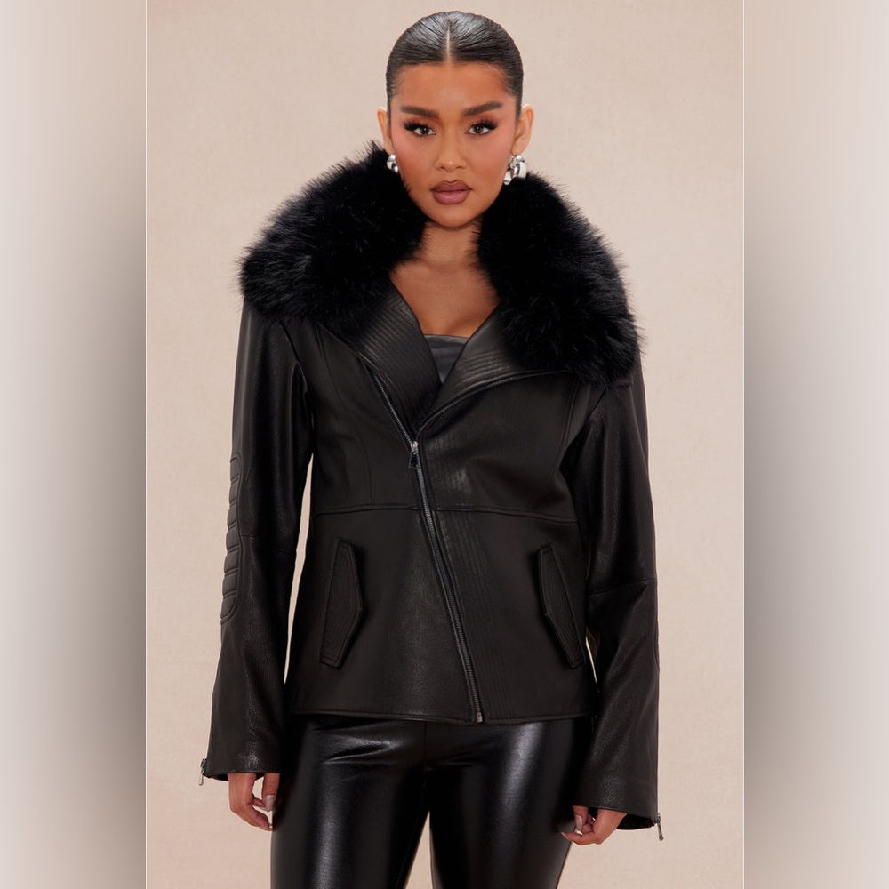 NWT Black Leather Jacket with Removable Faux Fur Collar XL